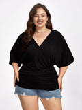 VIP Plus Plain Crisscross V Neck Ruched Hem Tee