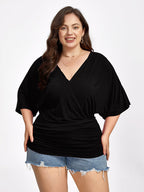 VIP Plus Plain Crisscross V Neck Ruched Hem Tee