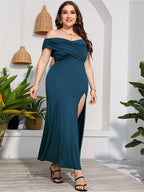 VIP Plus Ruched Crisscross Split Mermaid Maxi Dress