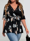 VIP Floral V-Neck Lace Belted Blouse
