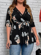 VIP Floral V-Neck Lace Belted Blouse