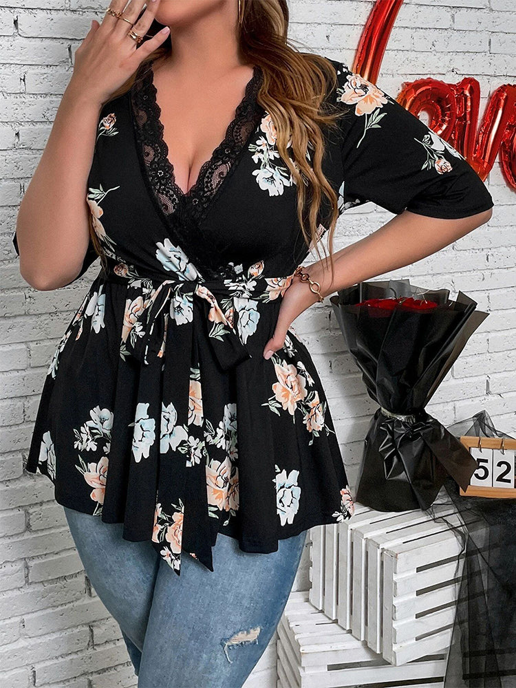 VIP Floral V-Neck Lace Belted Blouse