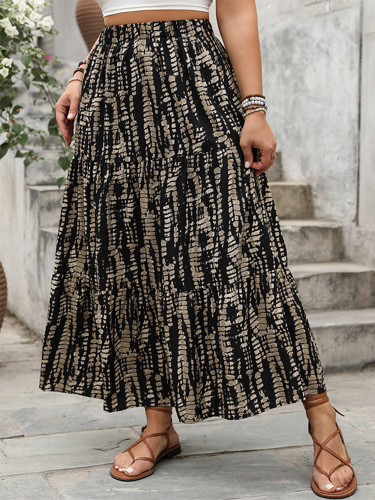 Geometric Shirred Ruffle Layered Hem Skirt