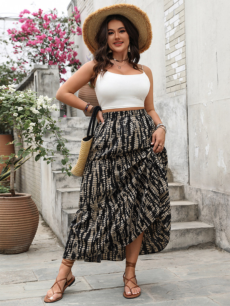 Geometric Shirred Ruffle Layered Hem Skirt