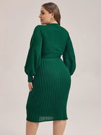 VIP Plus Black Solid Tie Lantern Sleeves Midi Knit Dress