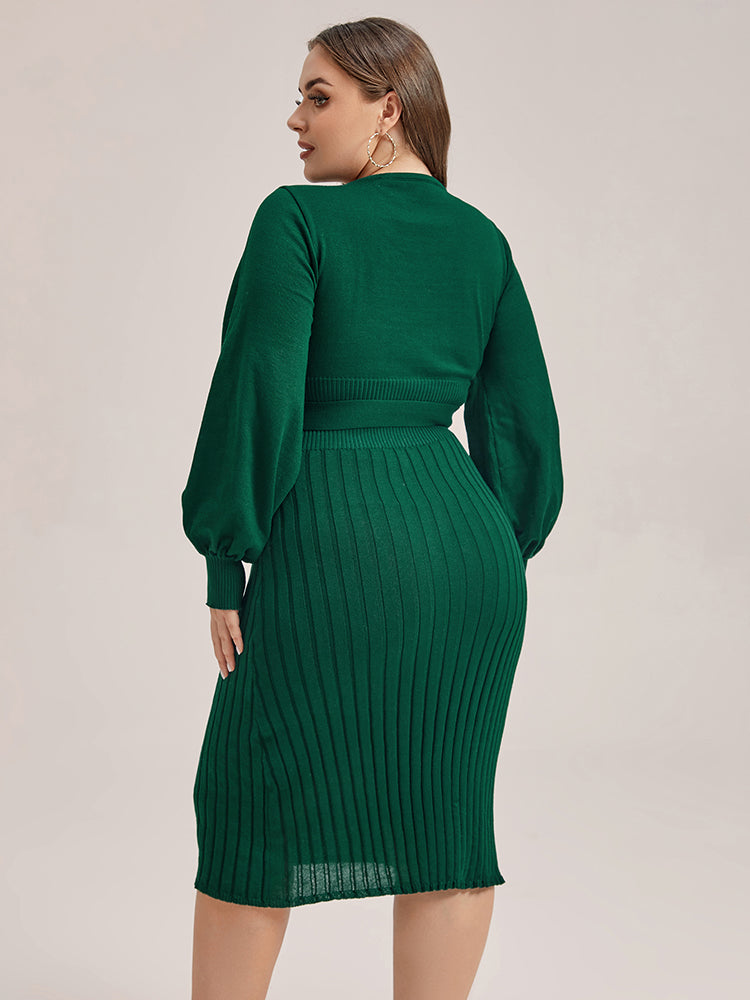 VIP Plus Black Solid Tie Lantern Sleeves Midi Knit Dress