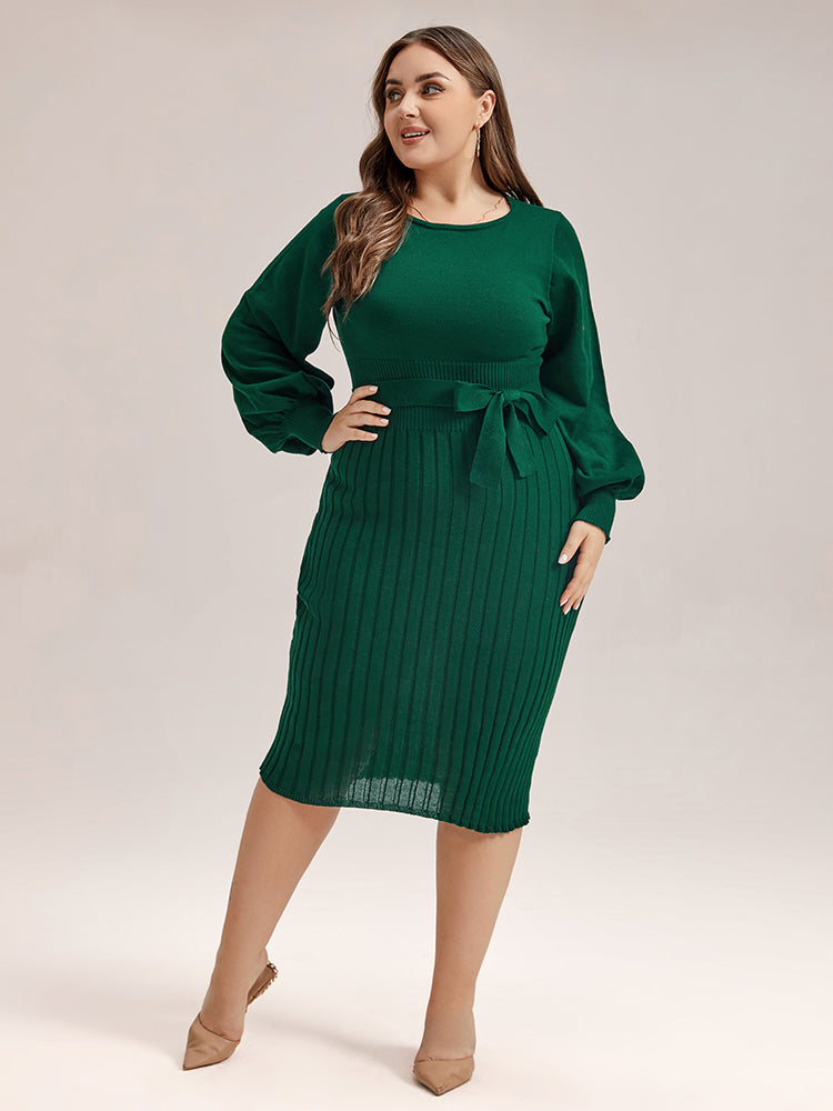 VIP Plus Black Solid Tie Lantern Sleeves Midi Knit Dress