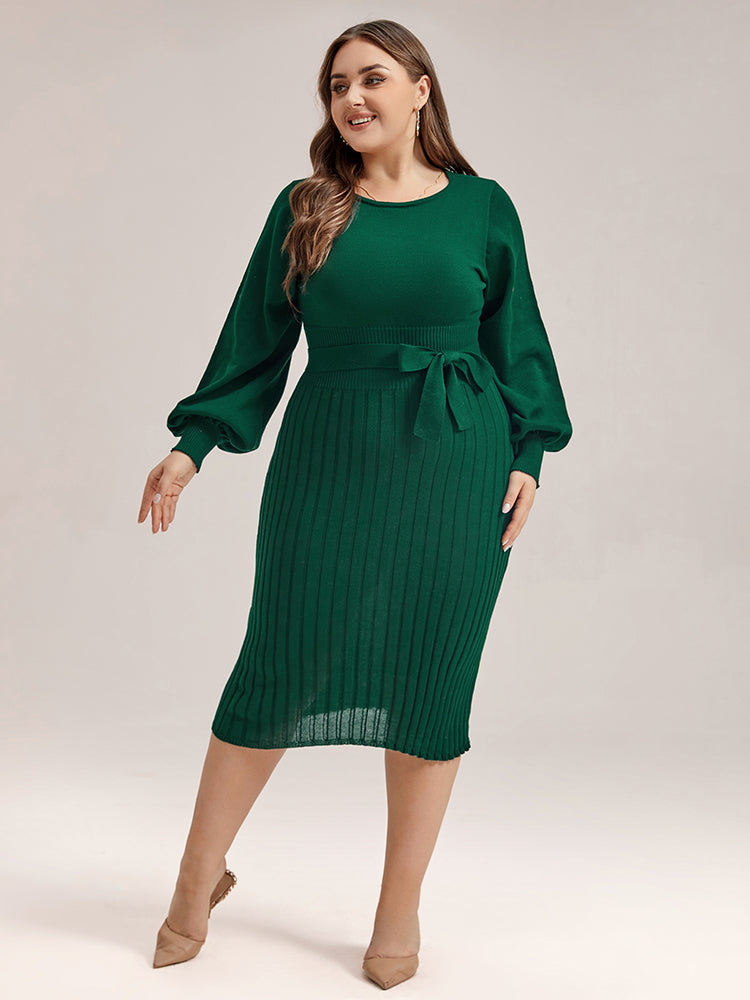 VIP Plus Black Solid Tie Lantern Sleeves Midi Knit Dress