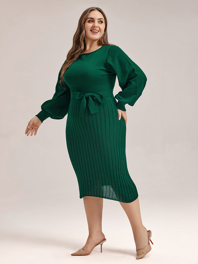VIP Plus Black Solid Tie Lantern Sleeves Midi Knit Dress