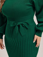 VIP Plus Black Solid Tie Lantern Sleeves Midi Knit Dress