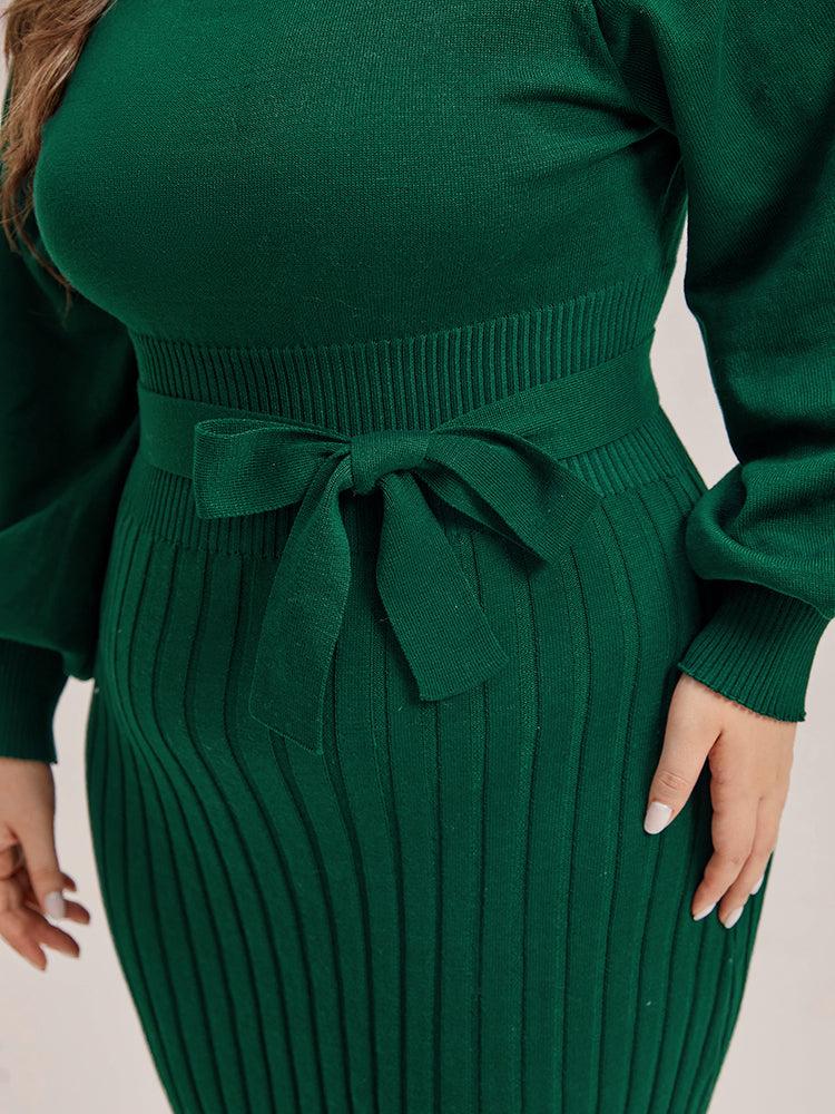 VIP Plus Black Solid Tie Lantern Sleeves Midi Knit Dress