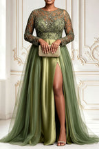 Xpluswear Design Plus Size Formal Tulle Sage Green Round Neck Long Sleeve Split Contrast Satin Maxi Dresses