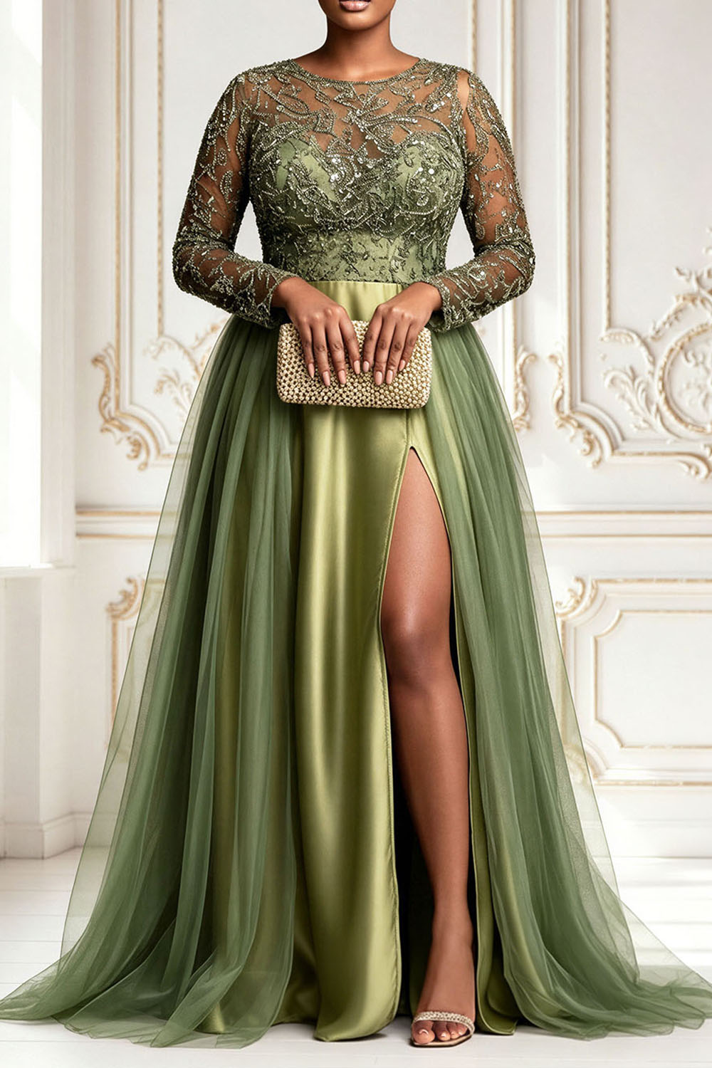 Xpluswear Design Plus Size Formal Tulle Sage Green Round Neck Long Sleeve Split Contrast Satin Maxi Dresses