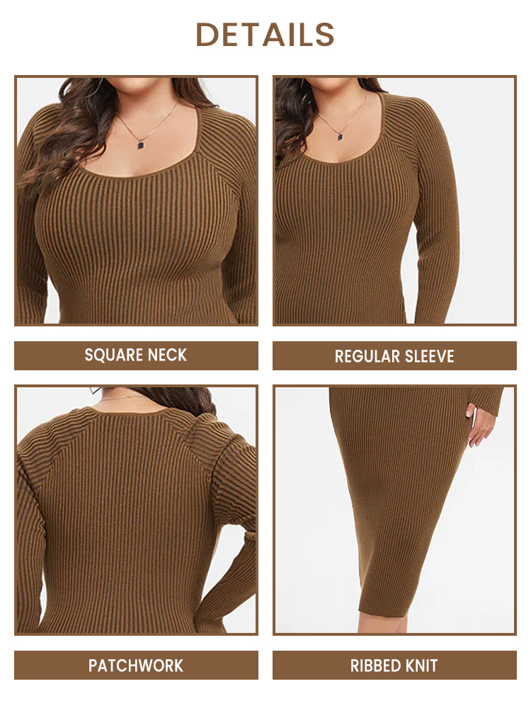 Square Neck Ribbed Knit Midi Sweater Dress