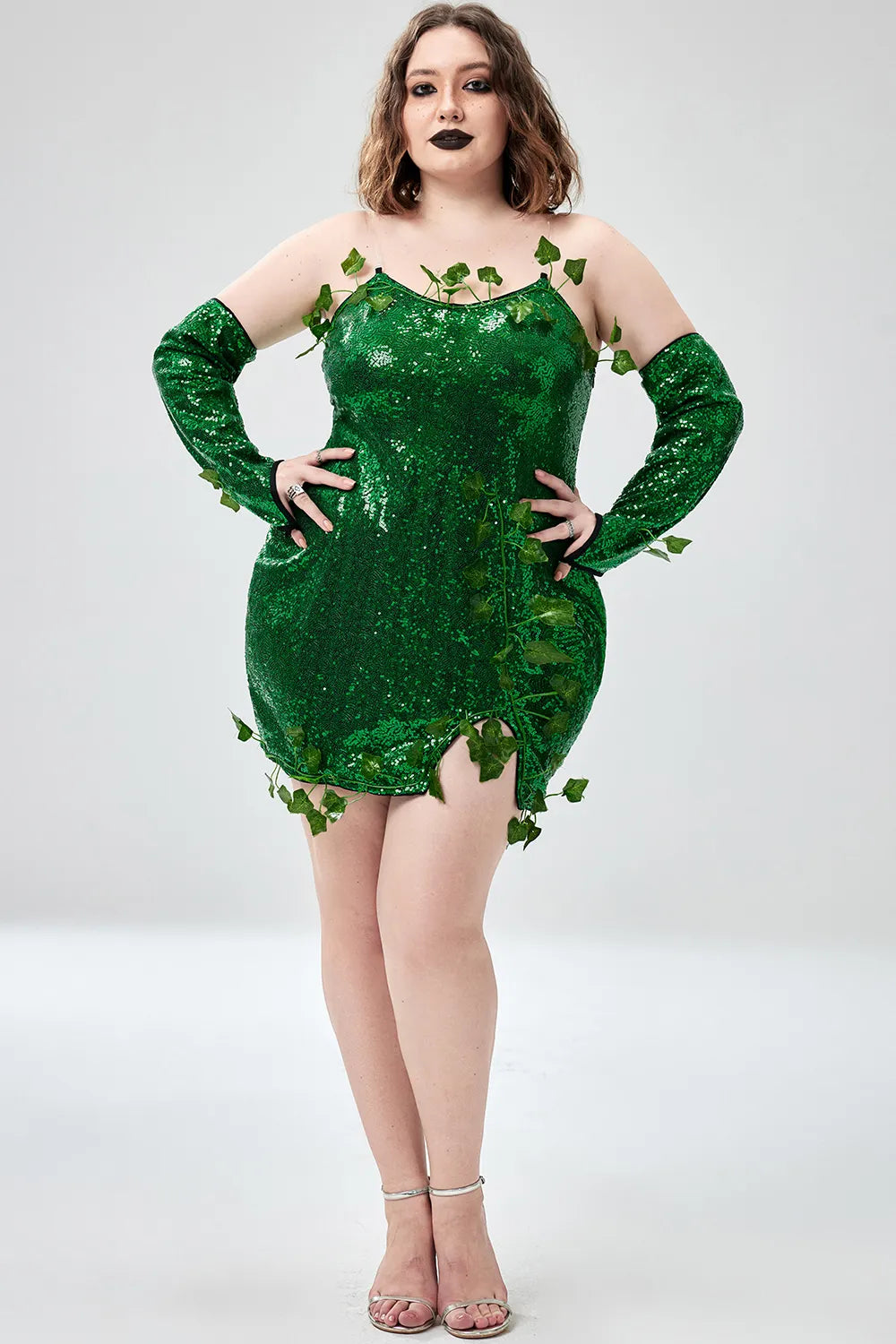 Xpluswear Design Plus Size Halloween Costumes Green Cosplay Sequin Strapless Mini Dress(Ships 24h)
