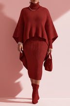 Xpluswear Design Plus Size Business Casual Burgundy High Collar Cape Sleeve Long Sleeve Bodycon Elegant Asymmetric Hem Irregular Hem Knitted Two Piece Dress Set