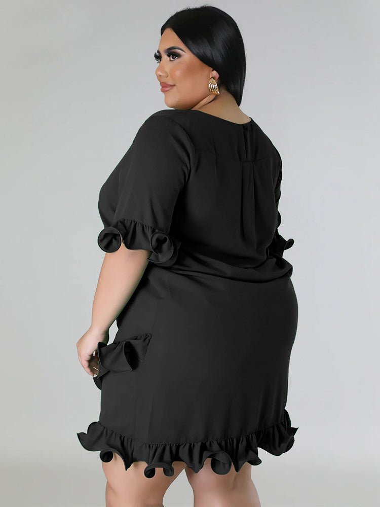 Solid Round Neck Ruffle Trim Dress