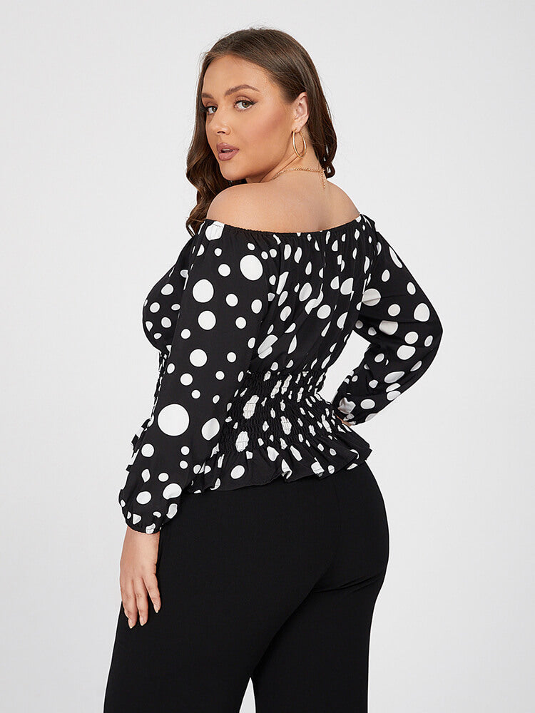 Plus Black Polka Dot Off Shoulder Elastic Waist Blouse