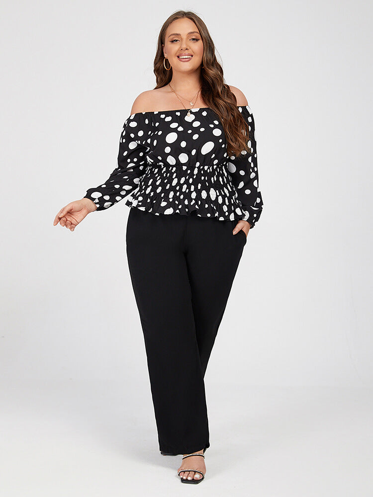 Plus Black Polka Dot Off Shoulder Elastic Waist Blouse