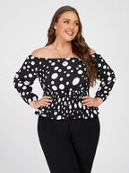 Plus Black Polka Dot Off Shoulder Elastic Waist Blouse
