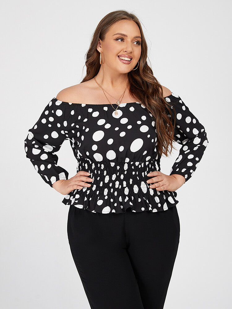 Plus Black Polka Dot Off Shoulder Elastic Waist Blouse