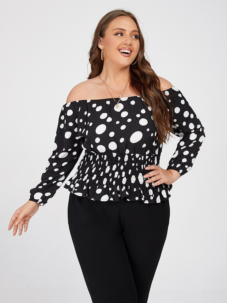 Plus Black Polka Dot Off Shoulder Elastic Waist Blouse