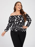 Plus Black Polka Dot Off Shoulder Elastic Waist Blouse
