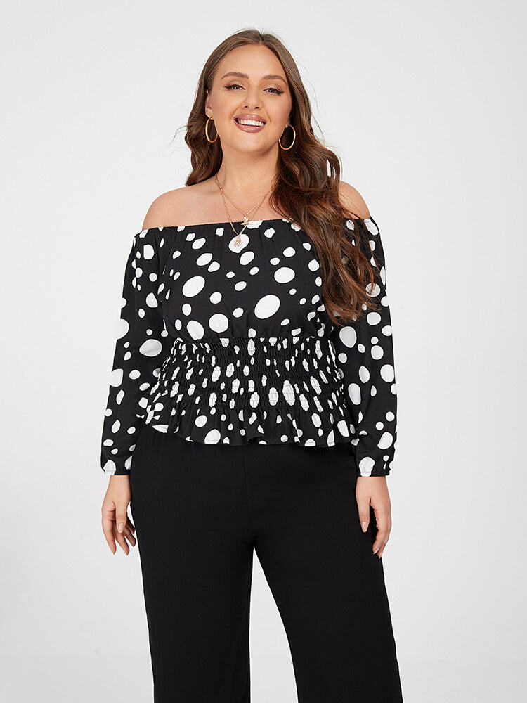 Plus Black Polka Dot Off Shoulder Elastic Waist Blouse