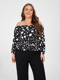 Plus Black Polka Dot Off Shoulder Elastic Waist Blouse