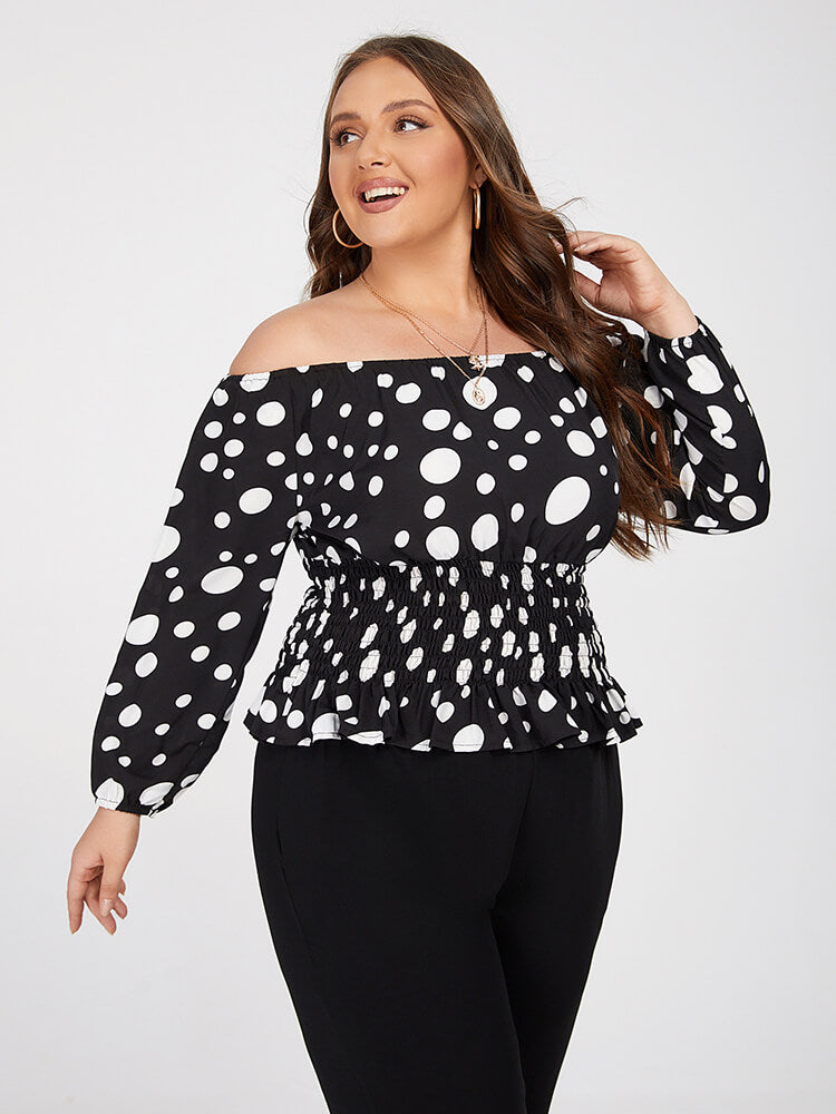 Plus Black Polka Dot Off Shoulder Elastic Waist Blouse