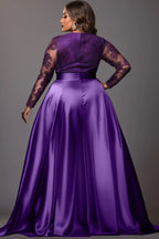 Xpluswear Design Plus Size Formal Purple V Neck Long Sleeve Split See Through Lace Satin Maxi Dresses