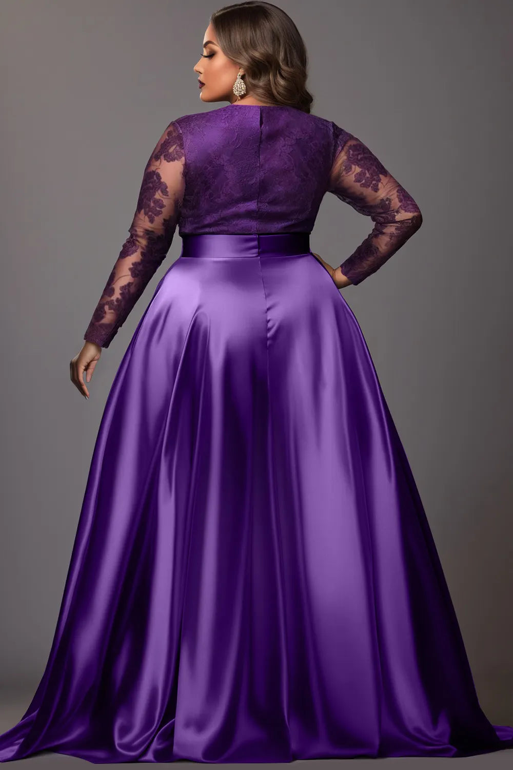Xpluswear Design Plus Size Formal Purple V Neck Long Sleeve Split See Through Lace Satin Maxi Dresses