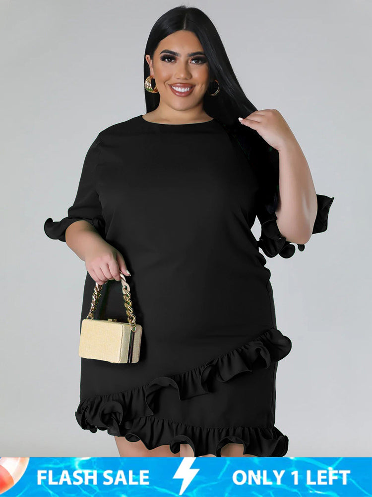 Solid Round Neck Ruffle Trim Dress