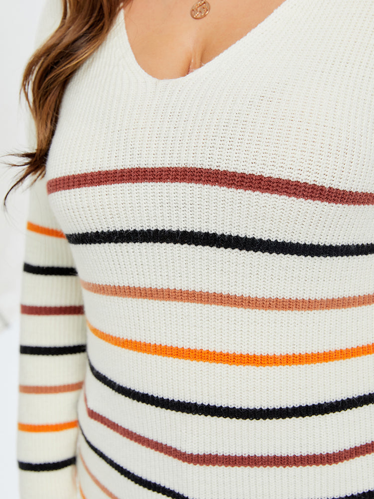 VIP Striped Pattern V-Neck Drop Shoulder Sweater
