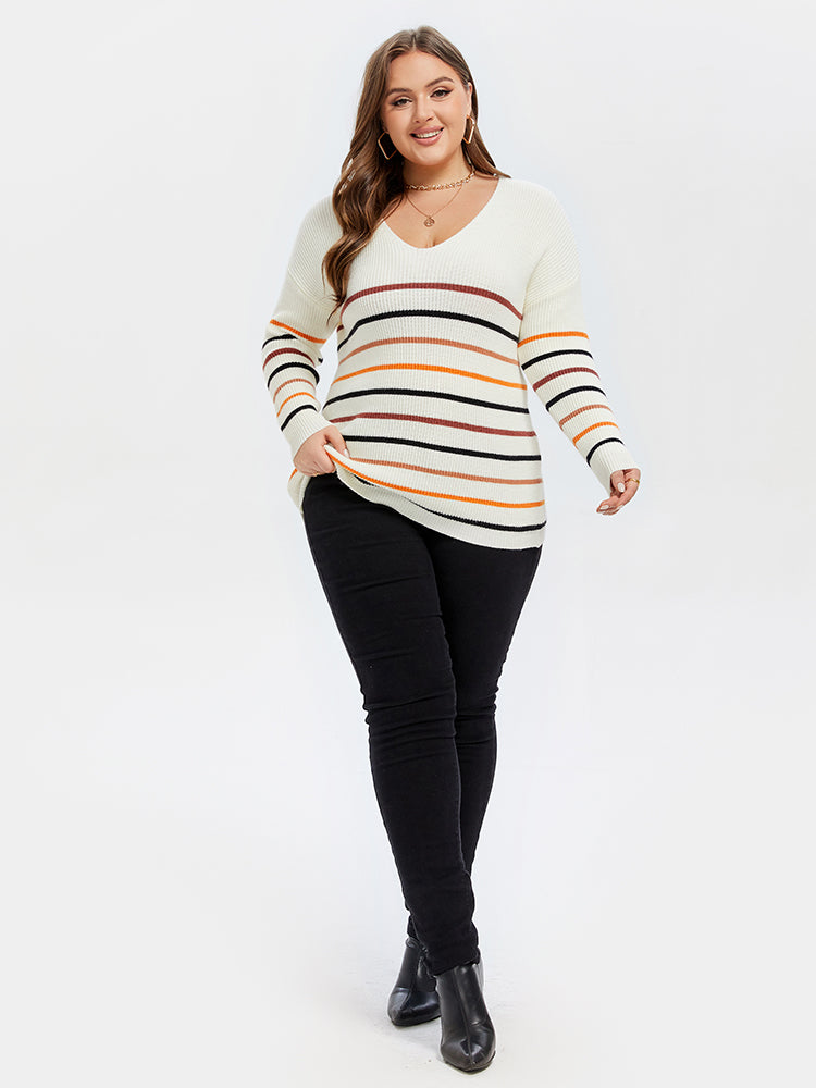 VIP Striped Pattern V-Neck Drop Shoulder Sweater