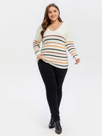 VIP Striped Pattern V-Neck Drop Shoulder Sweater