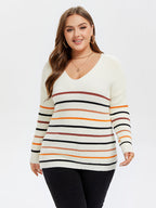 VIP Striped Pattern V-Neck Drop Shoulder Sweater