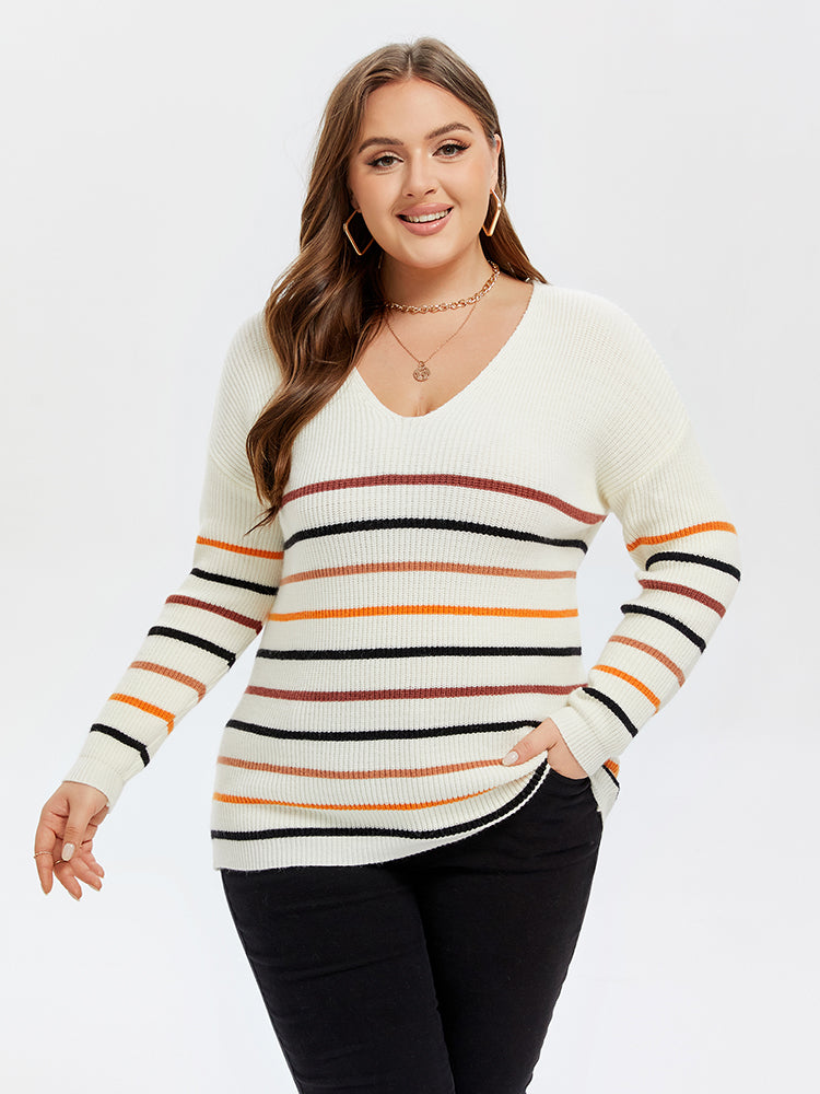 VIP Striped Pattern V-Neck Drop Shoulder Sweater