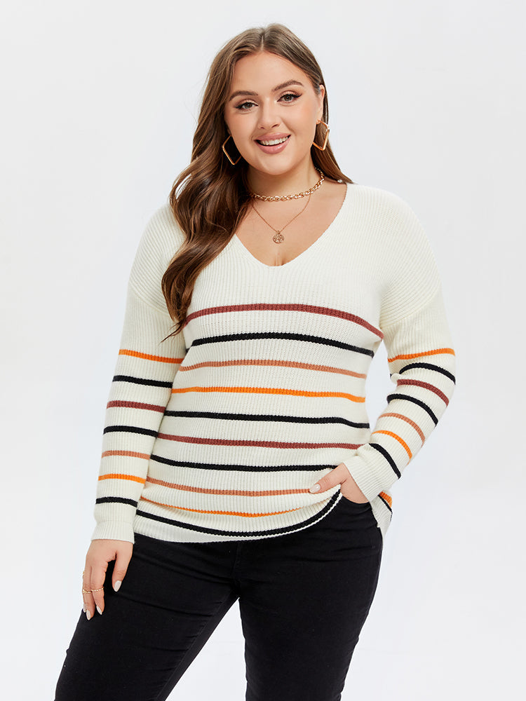 VIP Striped Pattern V-Neck Drop Shoulder Sweater