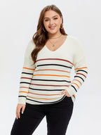 VIP Striped Pattern V-Neck Drop Shoulder Sweater