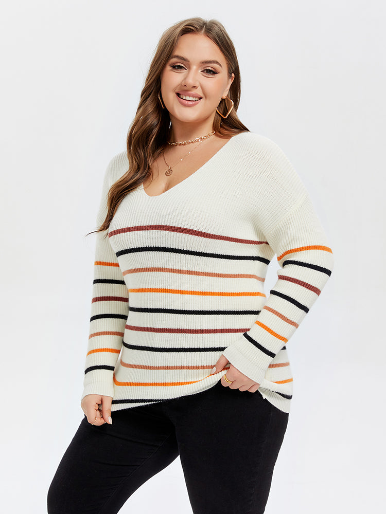 VIP Striped Pattern V-Neck Drop Shoulder Sweater