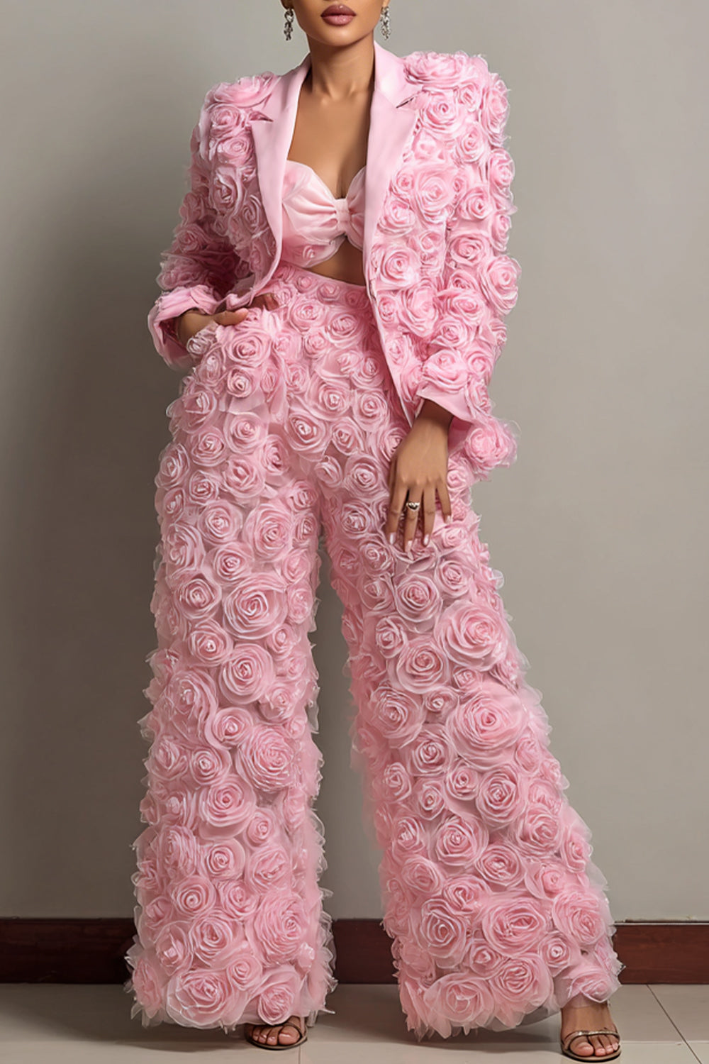 Xpluswear Design Plus Size Formal Pink Lapel Collar Long Sleeve 3D Pocket Tulle Two Piece Pant Suits