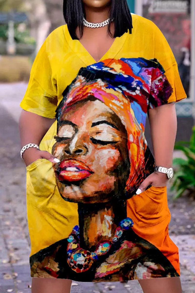 Xpluswear Plus Size V Neck African Short Sleeve Cute Black Girl Print With Pockets Midi Dress-Red