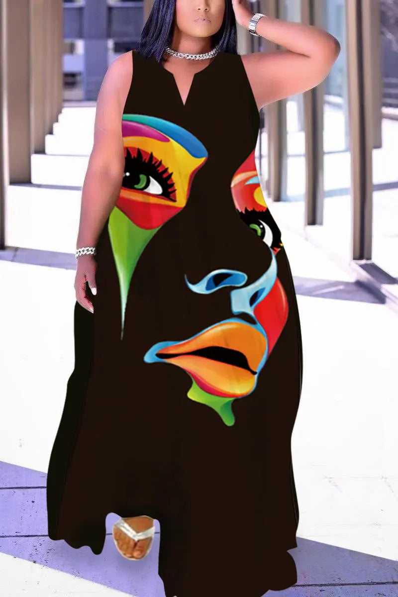 Xpluswear Plus Size Graphic Print Sleeveless Sundress V Neck Off The Shoulder With Pockets African Maxi Dress