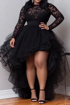 Xpluswear Design Plus Size Cocktail Party Black Round Neck Long Sleeve High Low Hem Elegant Ruffle Tulle Lace Mini Dresses