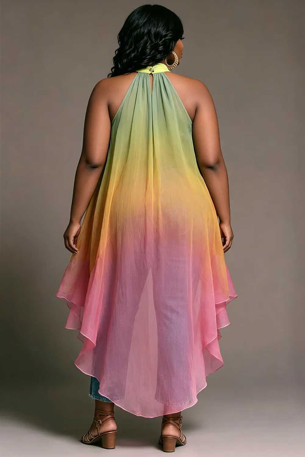Xpluswear Design Plus Size Vacation Rainbow Gradient Halter Collar Asymmetric Hem Irregular Hem Ruffle Chiffon Blouses