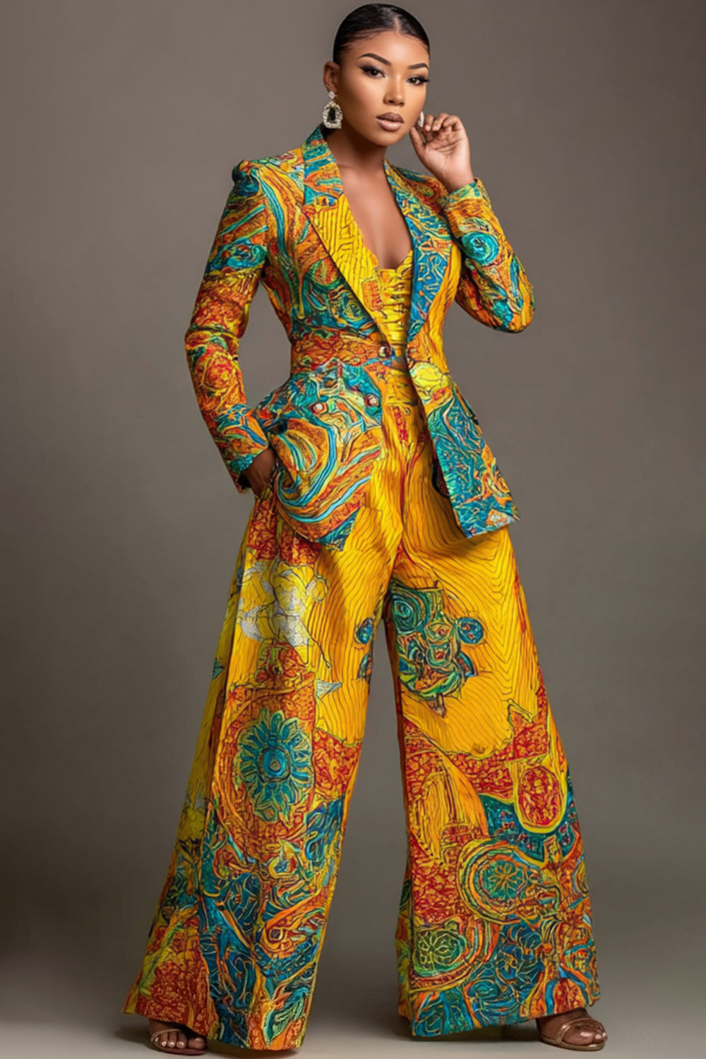Xpluswear Design Plus Size Formal Yellow African Print Lapel Collar Long Sleeve Pocket Wide Leg Two Piece Pant Suits