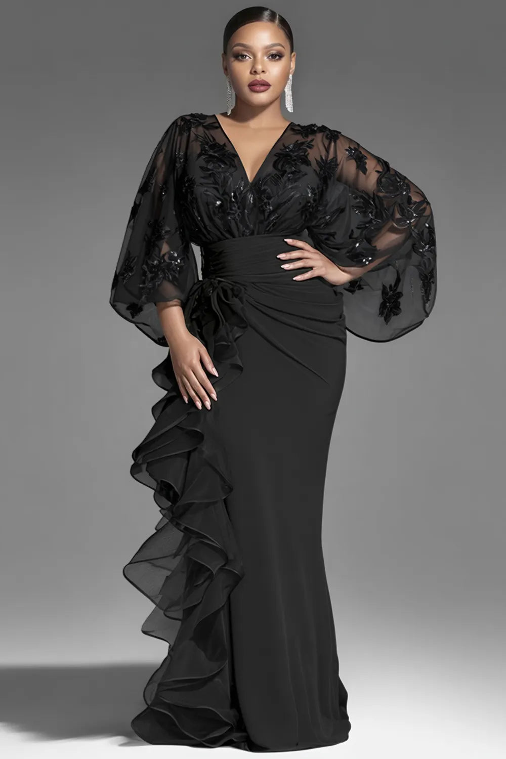 Xpluswear Design Plus Size Formal Black V Neck 3/4 Sleeve Ruffle Contrast Chiffon Maxi Dresses
