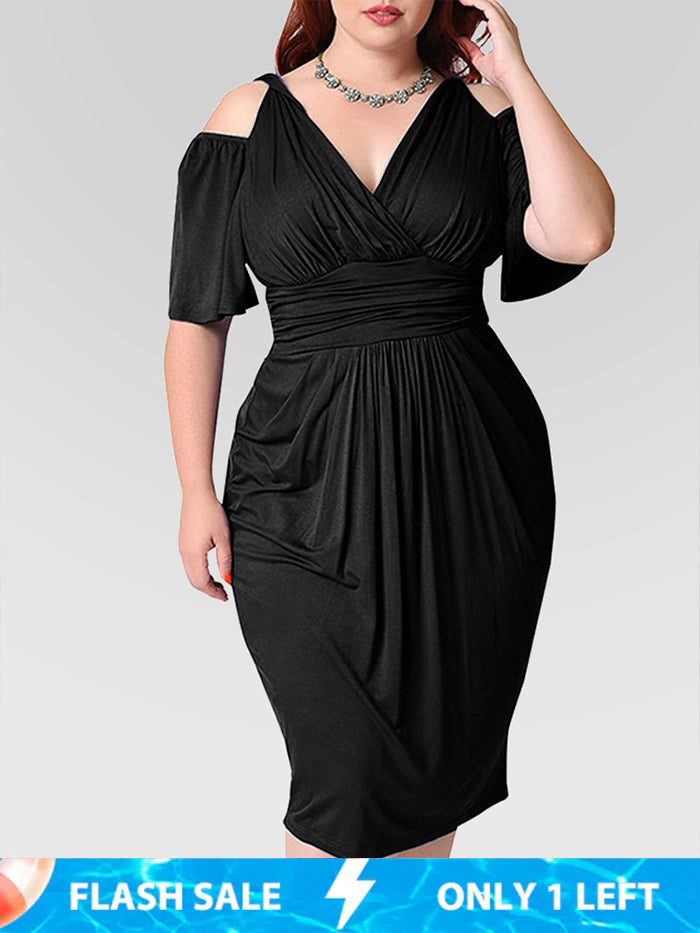 Plus Plain Cold Shoulder Roched Party Dress