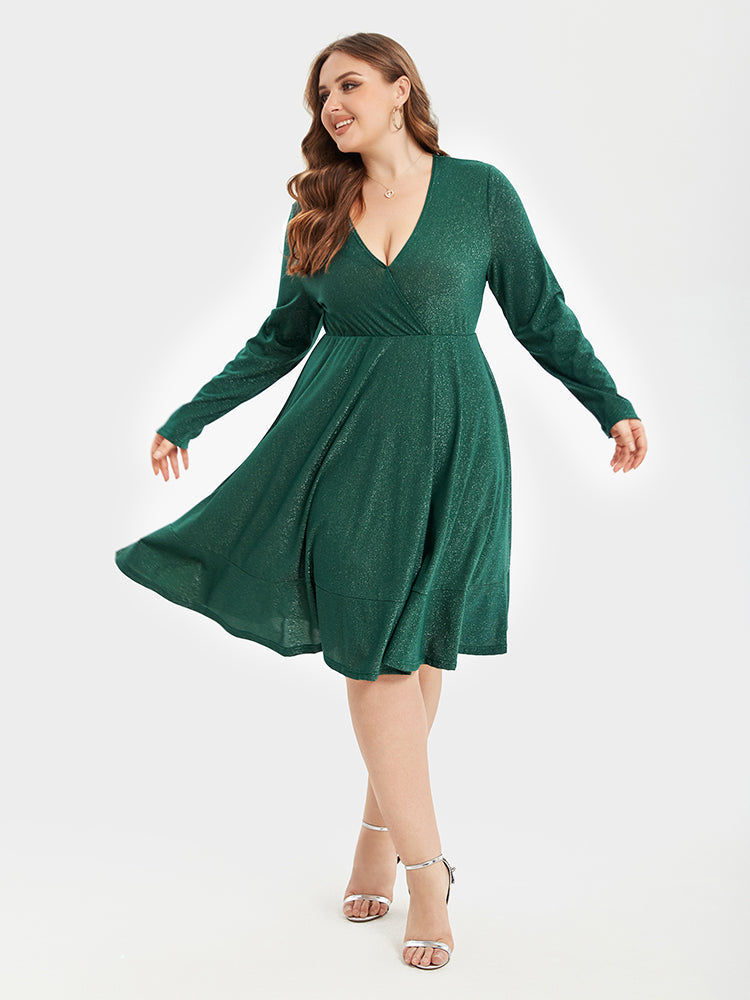 V-Neck Ruffle Hem Glitter Party Midi Dress